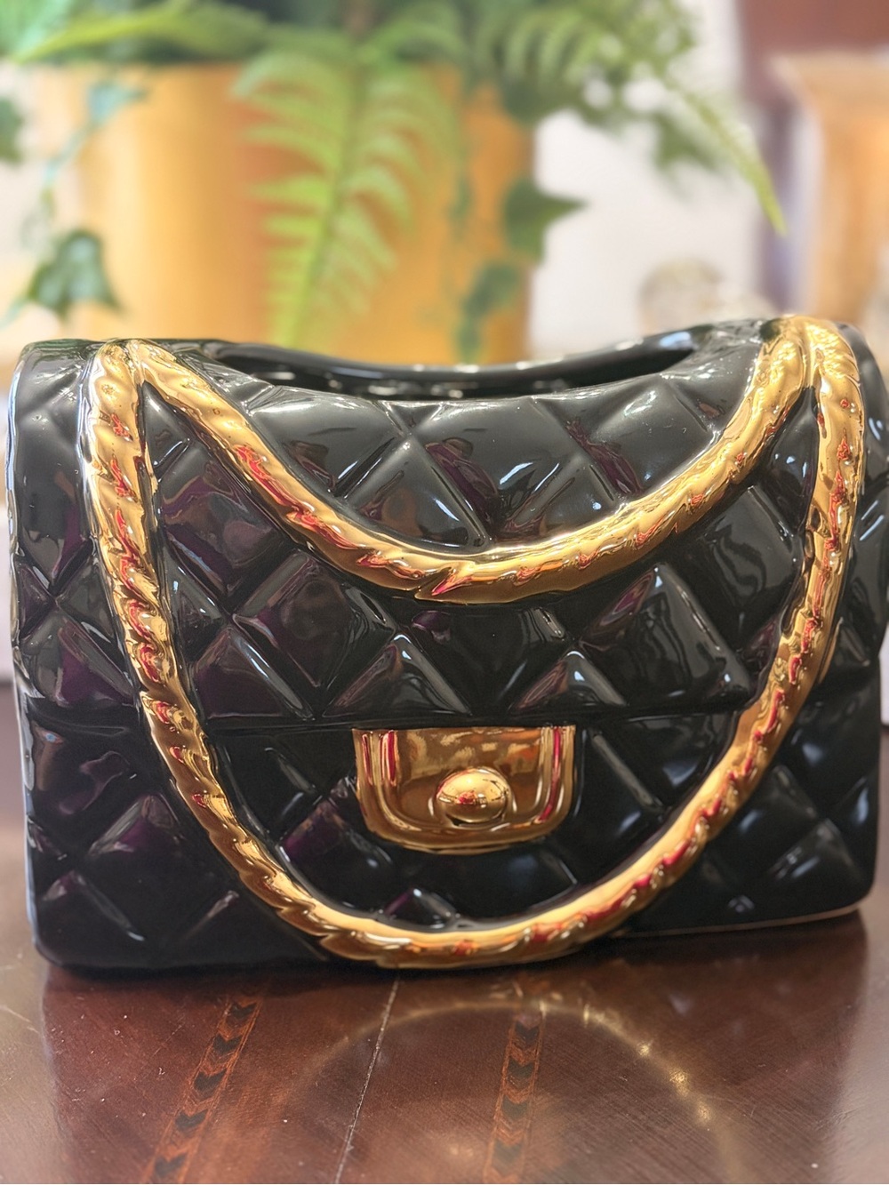 Elegant Ceramic Black Quilted Chain Bag Vase with Gold Hardware - Picture 6 of 10